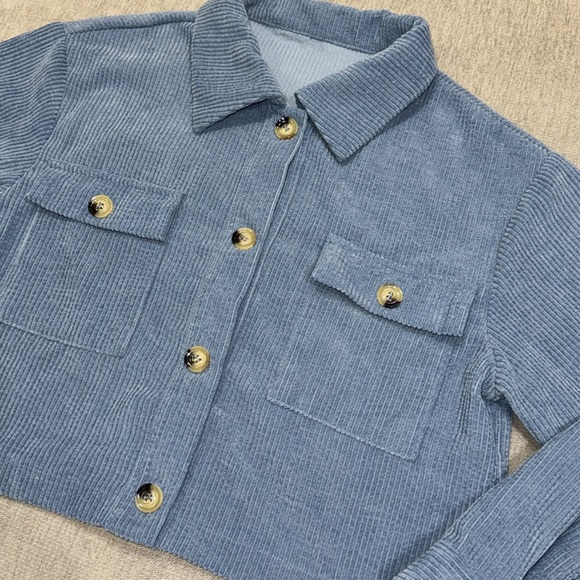 Blue Corduroy Button Up Cropped Jacket - Picture 5 of 9